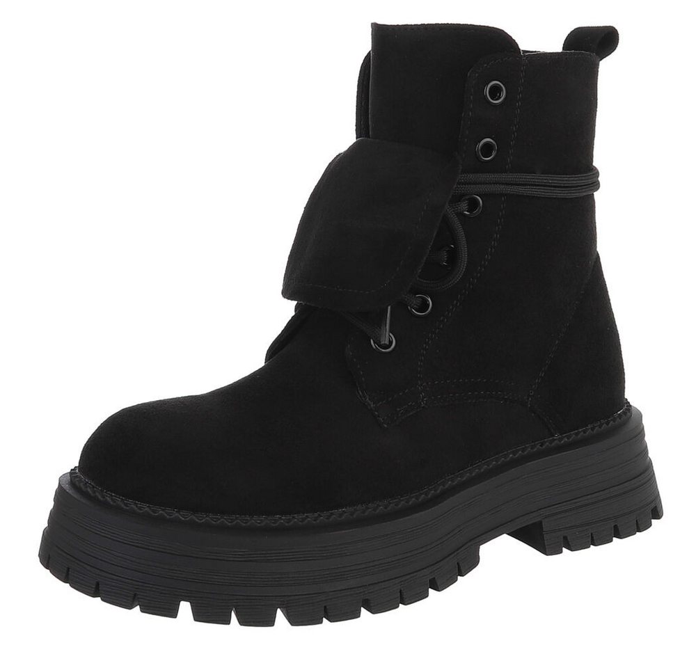 Ital-Design Robuste Damen Freizeitboots mit markanter Sohle Schnürstiefelette (90169544) Blockabsatz Stiefeletten in Schwarz