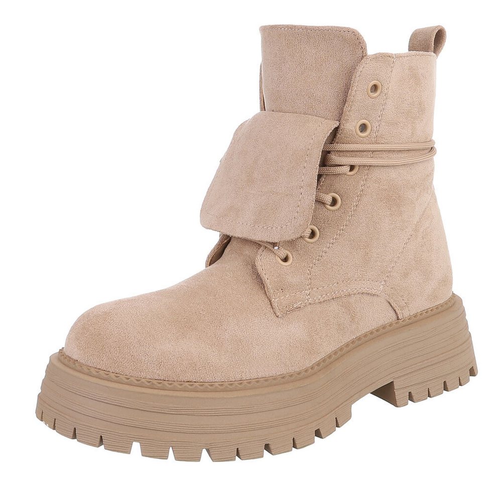 Ital-Design Robuste Damen Freizeitboots mit markanter Sohle Schnürstiefelette (90169547) Blockabsatz Stiefeletten in Beige