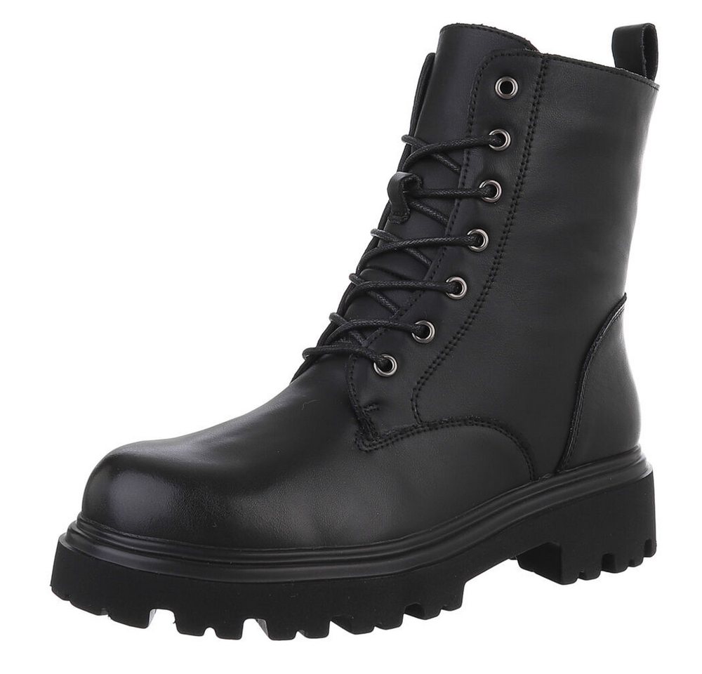 Ital-Design Robuste Lederstiefel für Damen mit Schnürung und Gummisohle Stiefelette (90169348) Blockabsatz Plateaustiefeletten in Schwarz