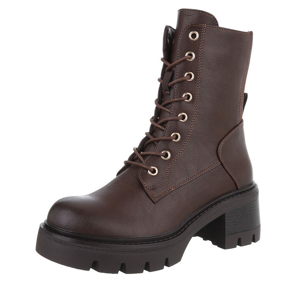 Ital-Design Robuste Stiefelette mit Schnürung für Damen – Herbst-Trend Schnürstiefelette (90152939) Blockabsatz Stiefeletten in Braun