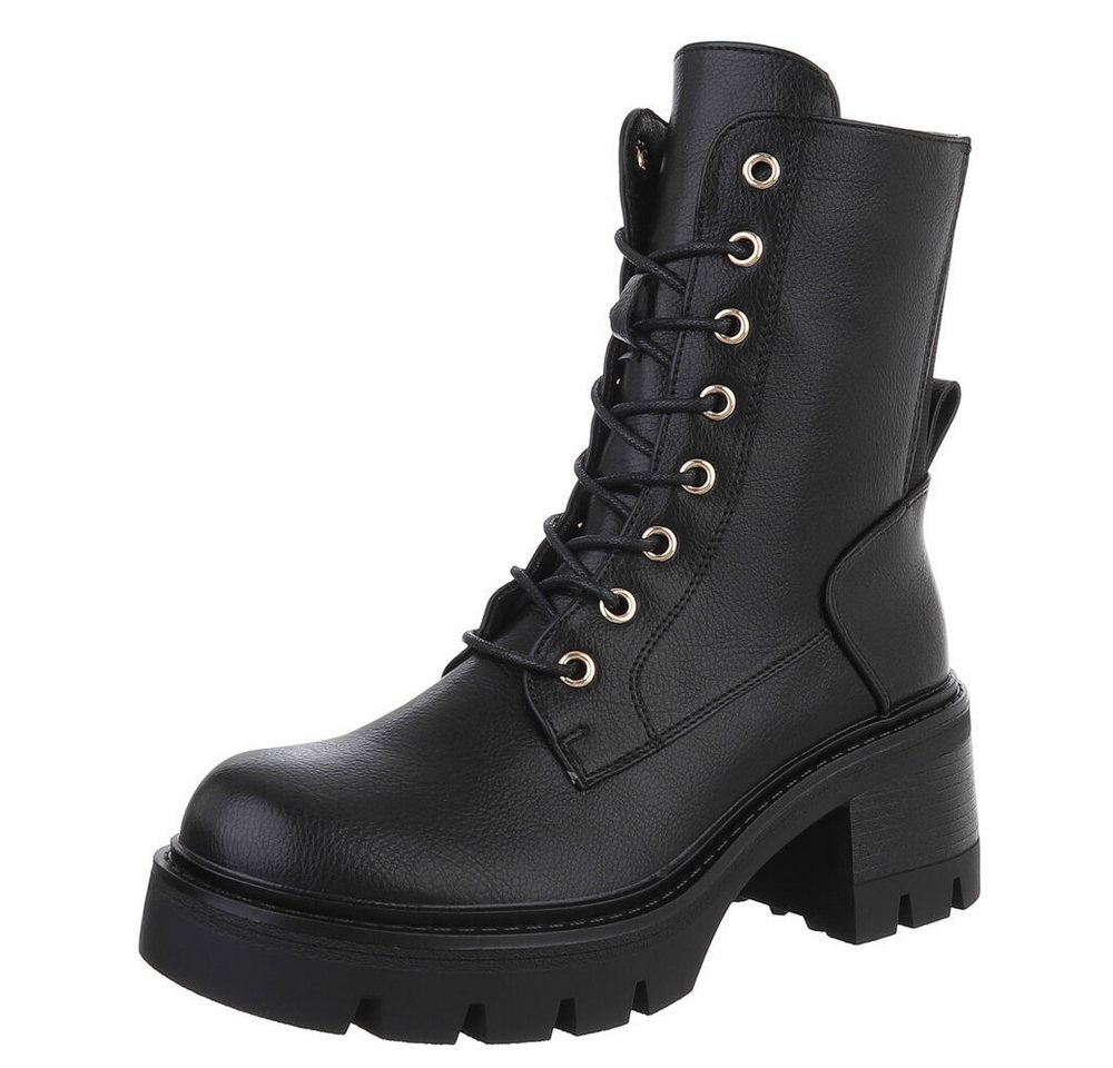 Ital-Design Robuste Stiefelette mit Schnürung für Damen – Herbst-Trend Schnürstiefelette (90152949) Blockabsatz Stiefeletten in Schwarz