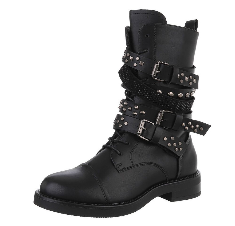 Ital-Design Rockige Boots mit Schnallen und Nieten für Damen Stiefelette (90153071) Blockabsatz Schnürstiefeletten in Schwarz
