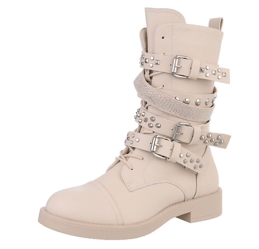 Ital-Design Rockige Boots mit Schnallen und Nieten für Damen Stiefelette (90153078) Blockabsatz Schnürstiefeletten in Beige