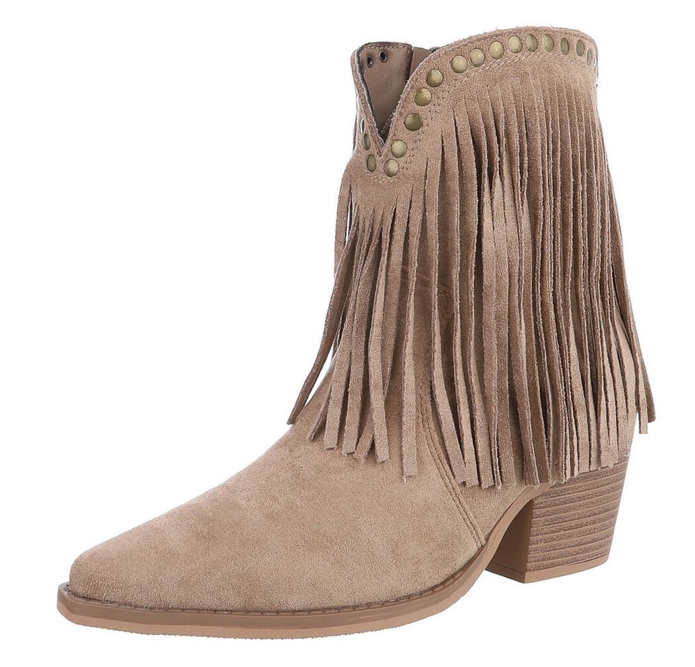Ital-Design Stiefeletten mit Fransen und Nieten für Damen Westernstiefelette (90704194) Blockabsatz Stiefeletten in Hellbraun
