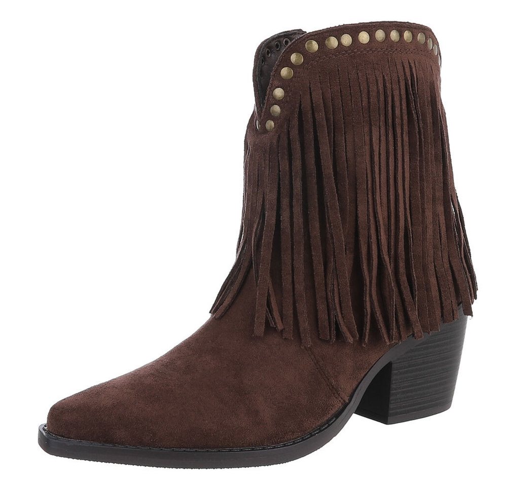 Ital-Design Stiefeletten mit Fransen und Nieten für Damen Westernstiefelette (90704200) Blockabsatz Stiefeletten in Dunkelbraun