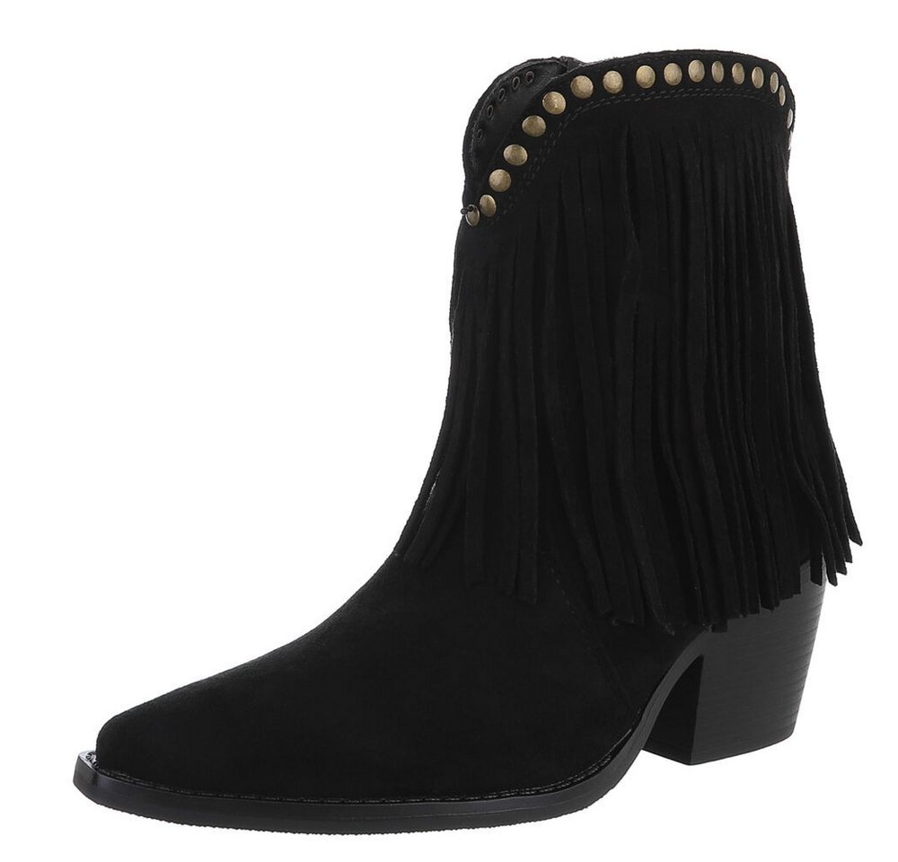 Ital-Design Stiefeletten mit Fransen und Nieten für Damen Westernstiefelette (90704206) Blockabsatz Stiefeletten in Schwarz