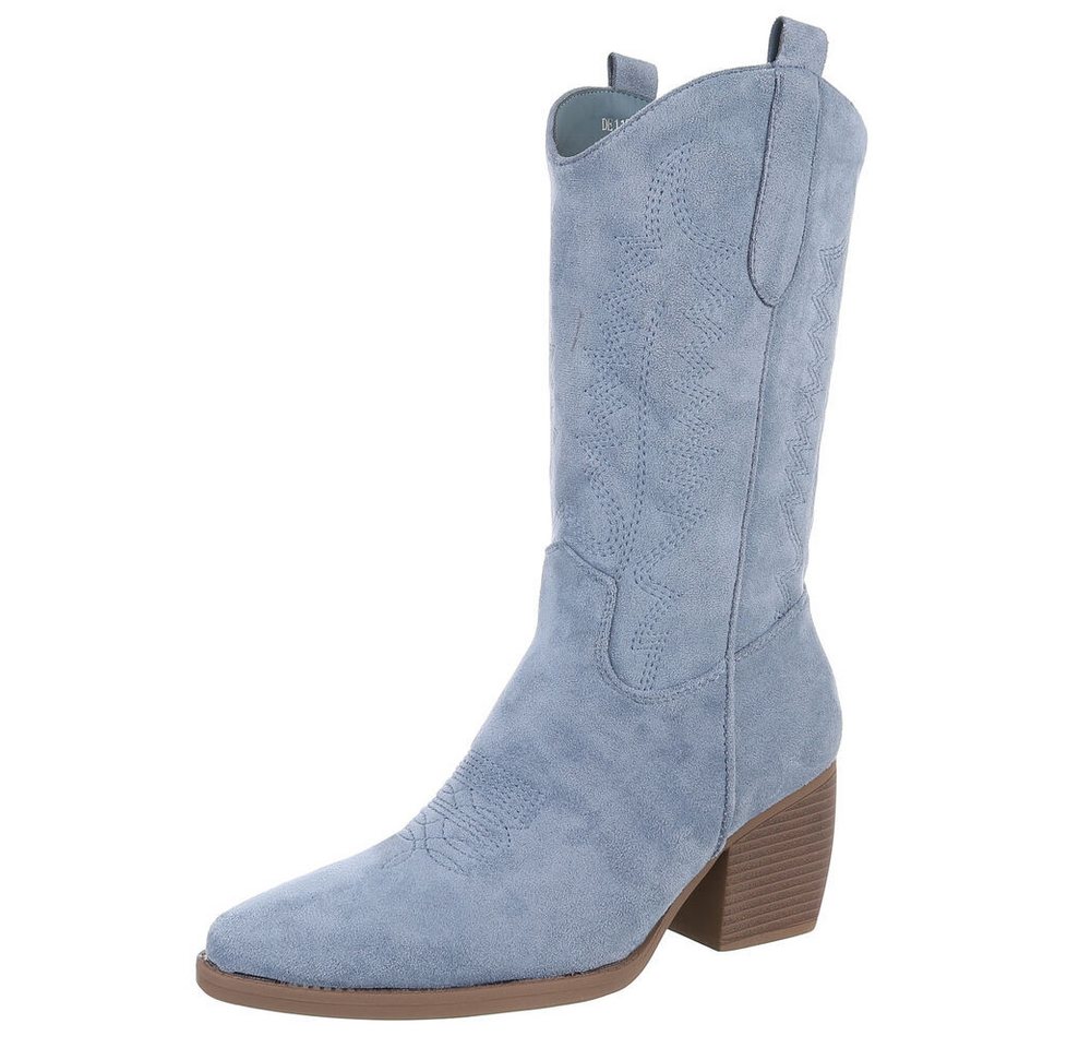 Ital-Design Stilvolle Damenstiefel aus hochwertigem Material Westernstiefel (89938004) Blockabsatz Stiefel in Hellblau