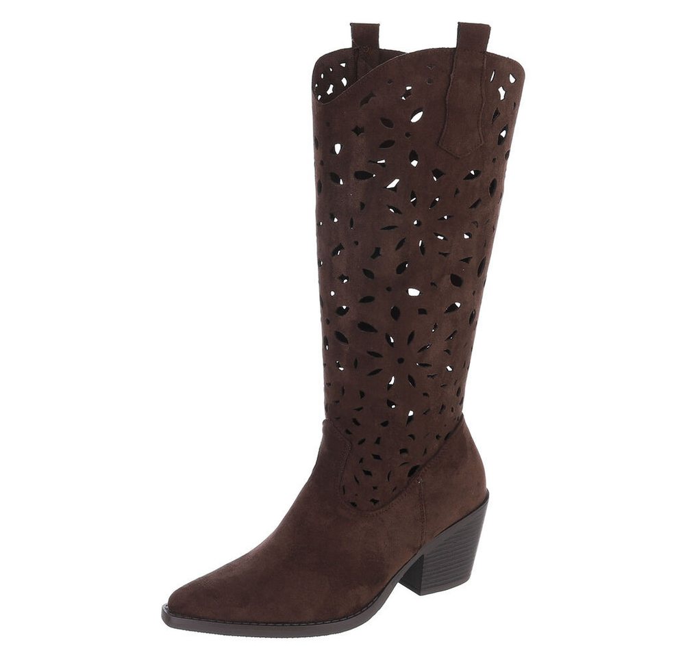 Ital-Design Stilvolle Stiefel mit Aussparungen für Damen, ideal für Frühjahr Sommerboots (91117057) Blockabsatz Stiefel in Dunkelbraun