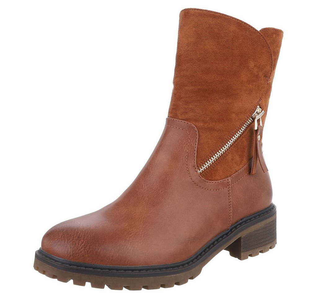 Ital-Design Stilvolle Stiefeletten mit Reißverschluss für Damen Stiefelette (90482575) Blockabsatz Flache Stiefeletten in Camel