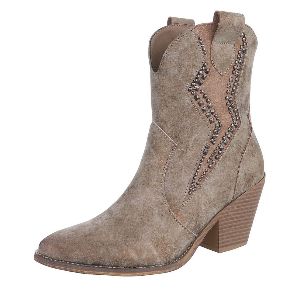 Ital-Design Stilvolle Stiefeletten mit Verzierung für Damen Westernstiefelette (90927521) Blockabsatz Stiefeletten in Hellbraun