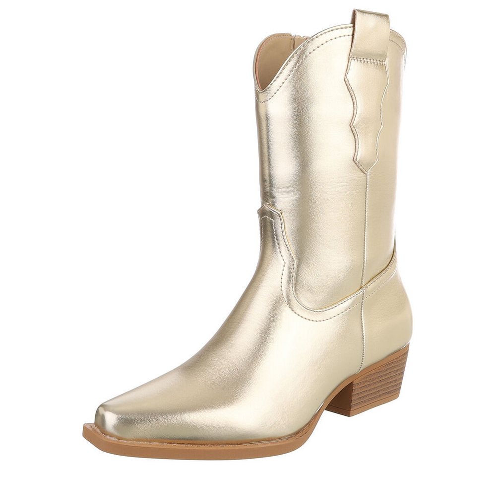 Ital-Design Stilvoller Cowboystiefel mit praktischem Reißverschluss Westernstiefelette (90482490) Blockabsatz Stiefeletten in Gold