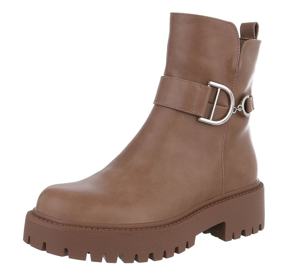 Ital-Design Stylische Ankle-Boots mit Schnalle für Damen, vielseitig Plateaustiefelette (90514916) Blockabsatz Stiefeletten in Hellbraun