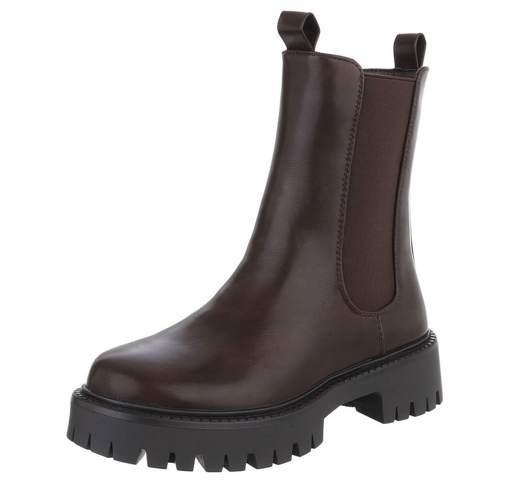 Ital-Design Stylische Chelsea-Boots mit Profilsohle für Damen Plateaustiefelette (90169429) Blockabsatz Stiefeletten in Braun