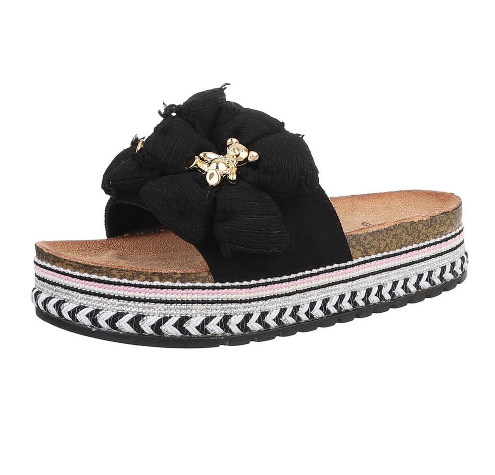 Ital-Design Stylische Damen-Sandalen mit Blumen und Korksohle Plateausandaletten (89368636) Flach Pantoletten in Schwarz