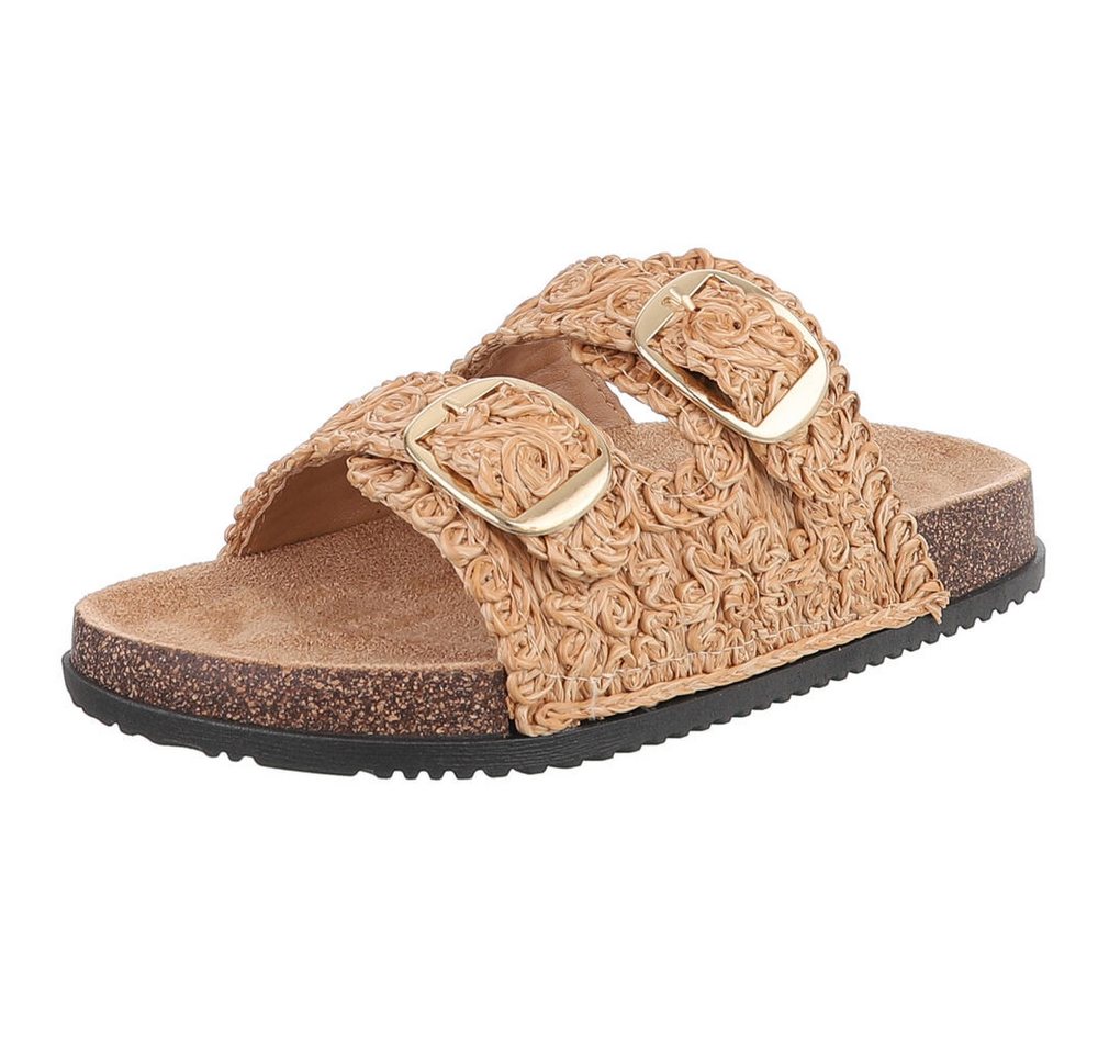 Ital-Design Stylische Damen Sandalen mit Doppelschnalle für den Sommer Pantolette (89852749) Flach Pantoletten in Camel