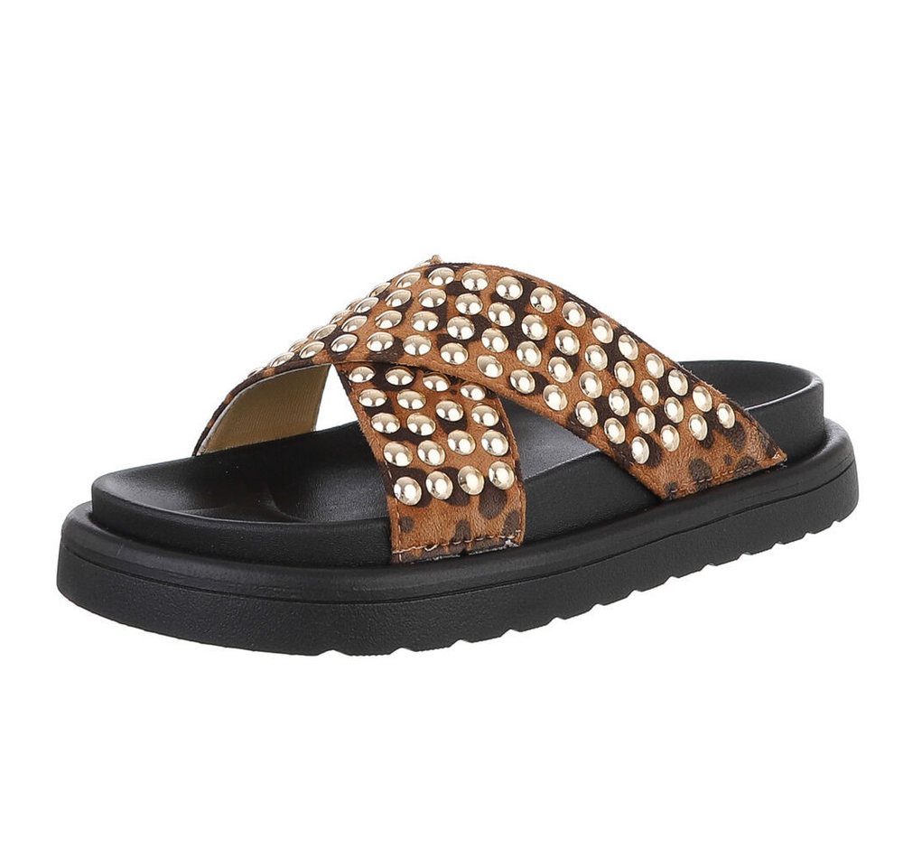 Ital-Design Stylische Damen-Sandalen mit Nieten für Freizeit und Alltag Plateausandaletten (89542363) Flach Pantoletten in Braun
