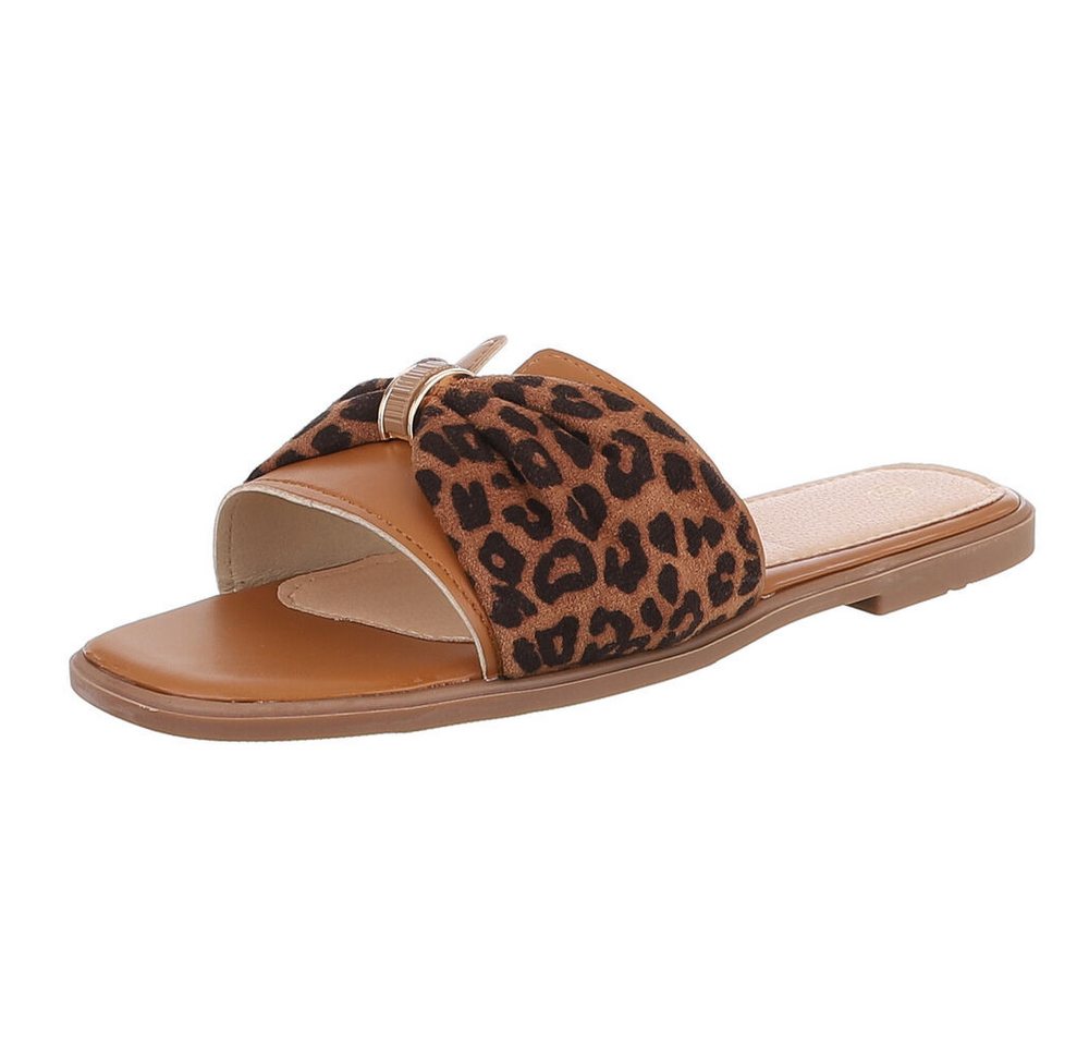 Ital-Design Stylische Damen Slipper mit Goldakzent für den Sommer Pantolette (89542751) Blockabsatz Pantoletten in Camel