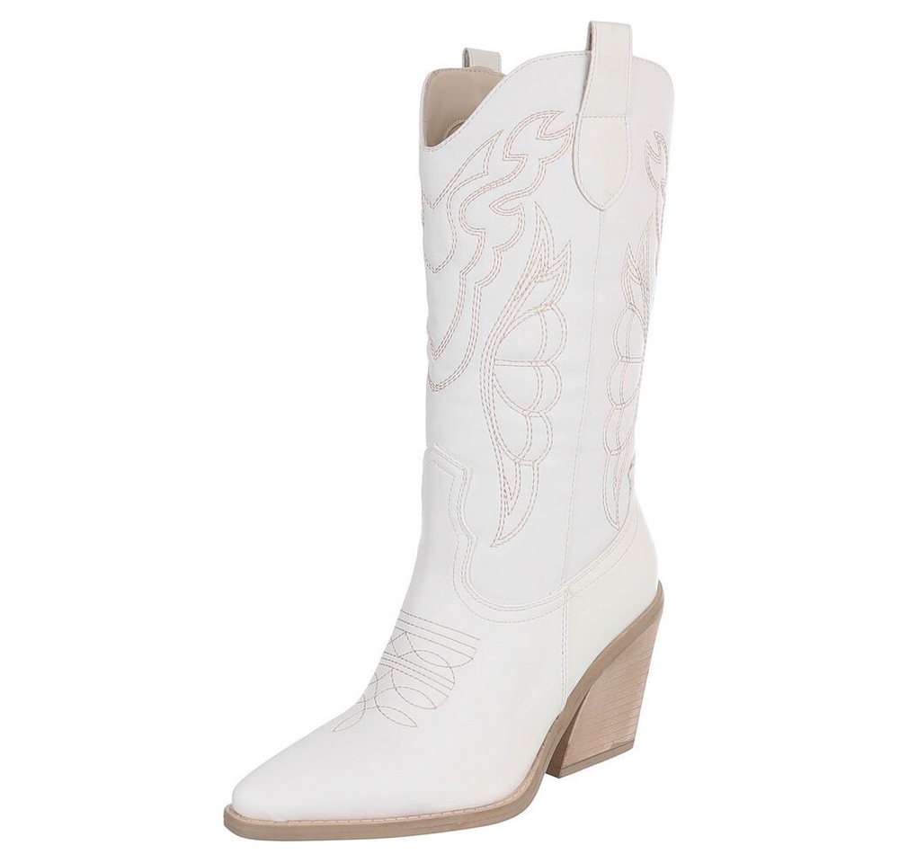 Ital-Design Stylische Damen-Stiefeletten mit Stickdetails für Alltag Westernstiefel (91409429) Blockabsatz Stiefel in Weiß