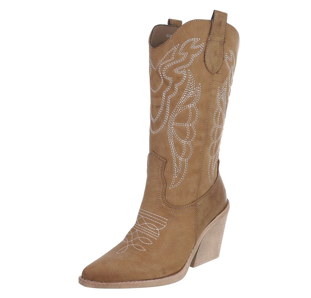 Ital-Design Stylische Damen-Stiefeletten mit Stickdetails für Alltag Westernstiefel (91409436) Blockabsatz Stiefel in Hellbraun