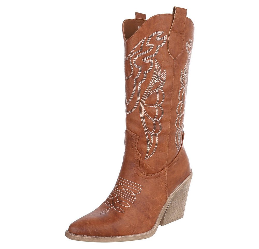 Ital-Design Stylische Damen-Stiefeletten mit Stickdetails für Alltag Westernstiefel (91409445) Blockabsatz Stiefel in Camel