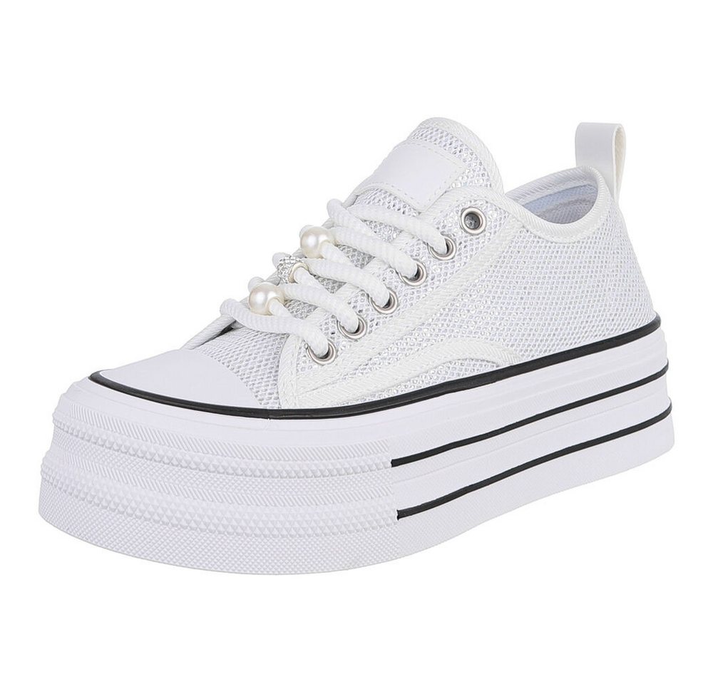 Ital-Design Stylische Plattform-Sneaker mit Perlen-Details für Damen Sneaker (91117309) Flach Sneakers Low in Weiß