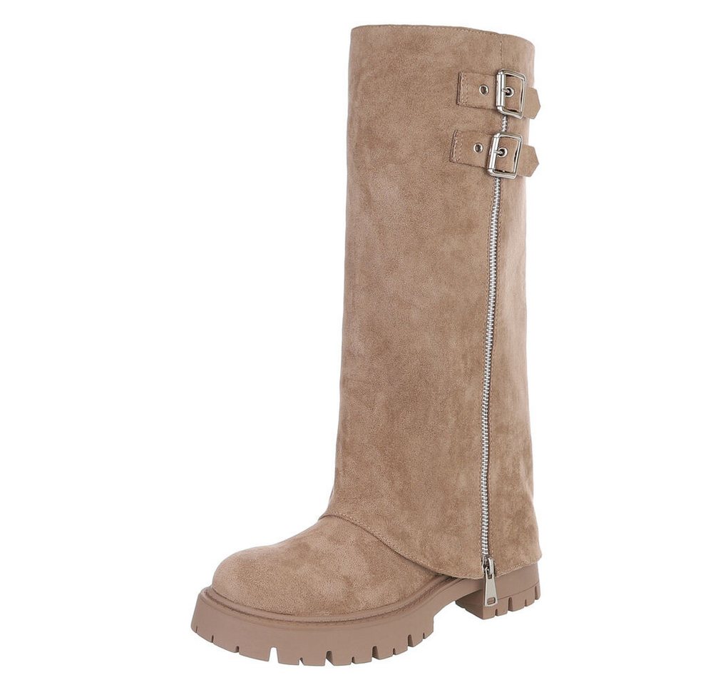 Ital-Design Stylische schwarze Stiefel mit Schnallen und Reißverschluss Plateaustiefel (90153102) Blockabsatz Stiefel in Hellbraun