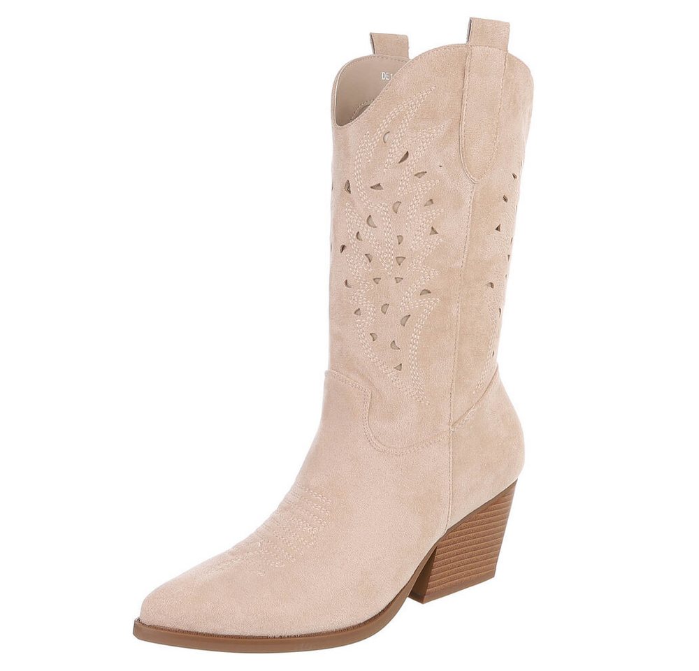 Ital-Design Stylische Stiefeletten mit filigranem Design und Komfort Westernstiefel (91409529) Blockabsatz Stiefel in Beige