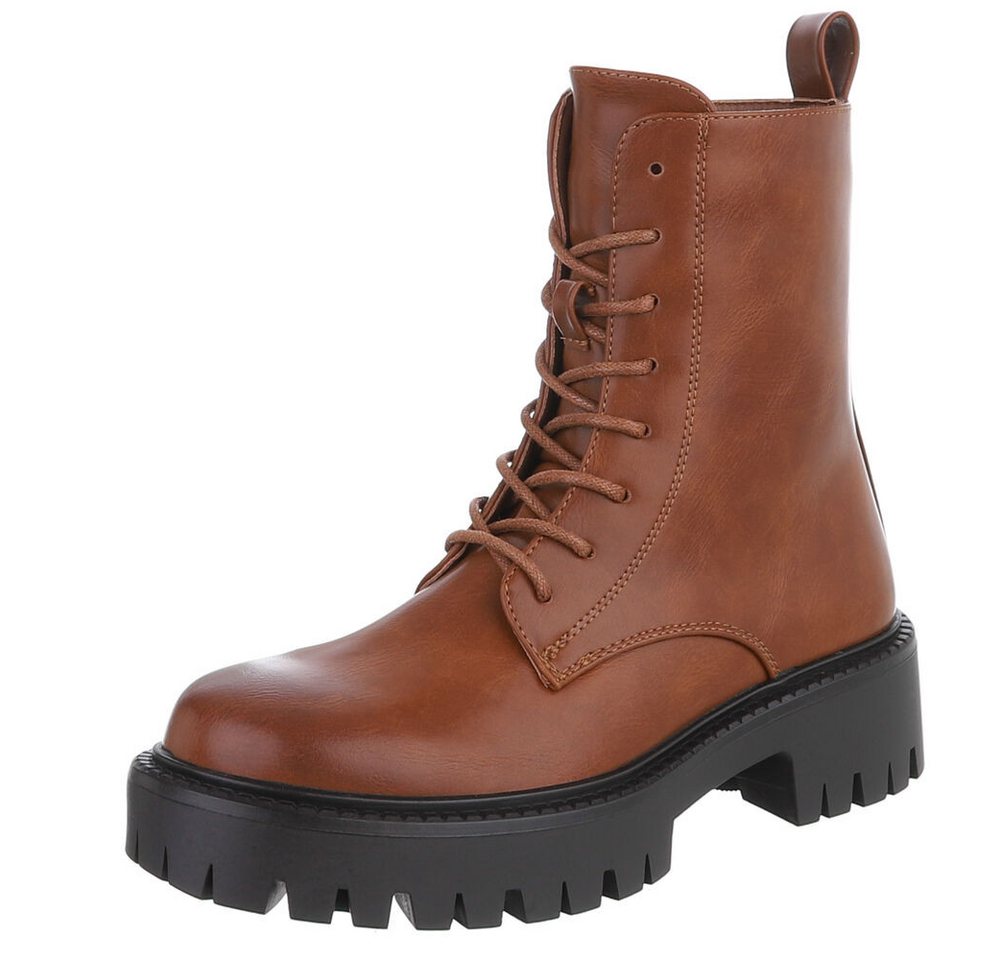 Ital-Design Stylischer Damenstiefel mit robuster Sohle für Wintertage Plateaustiefelette (90169437) Blockabsatz Stiefeletten in Camel