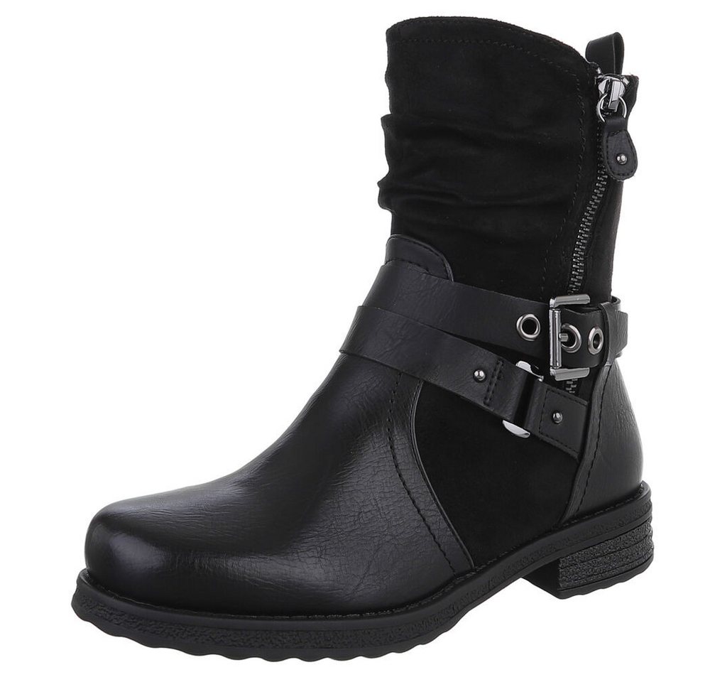 Ital-Design Stylischer Stretch-Stiefel mit Schnalle und Reißverschluss Stiefelette (90109999) Blockabsatz Western- & Bikerboots in Schwarz
