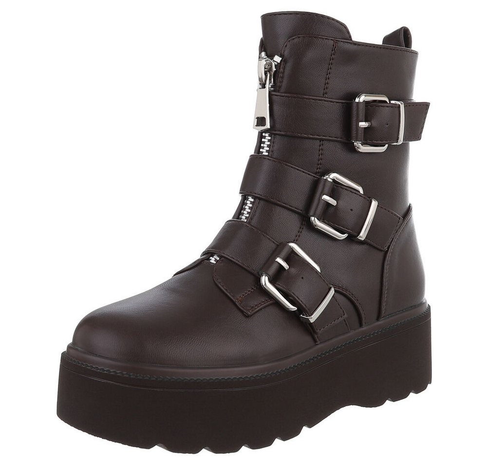 Ital-Design Trendige Boots mit Plateau und Schnallen für Damen Plateaustiefelette (90514855) Flach Stiefeletten in Braun