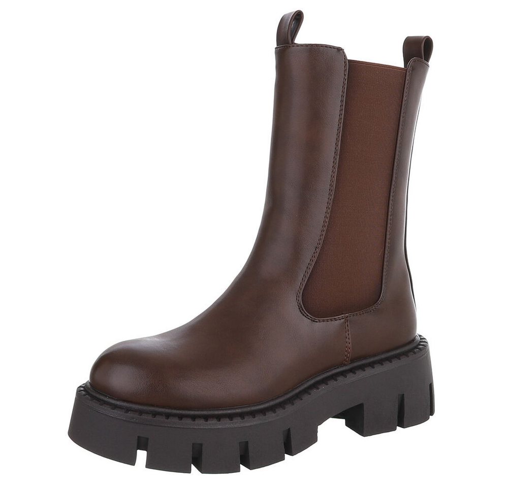 Ital-Design Trendige Chelsea Boots mit markanter Sohle für Damen Plateaustiefelette (90152881) Blockabsatz Stiefeletten in Braun