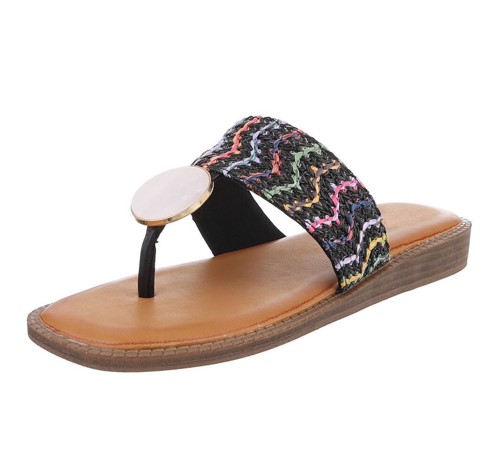 Ital-Design Trendige Damen-Sandalen mit goldener Applikation, Sommer Zehentrenner (89368742) Keilabsatz/Wedge Zehentrenner in Schwarz