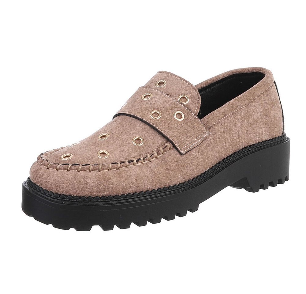 Ital-Design Trendige Loafers mit Metallösen für Damen Slipper (90793400) Blockabsatz Mokassins in Hellbraun