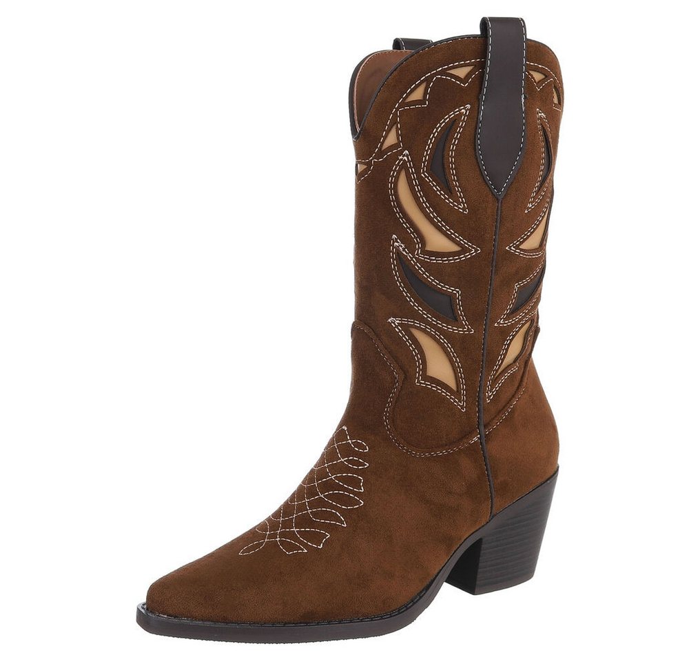 Ital-Design Trendige Westernstiefel mit Detailstickerei und Komfort Westernstiefel (90755939) Blockabsatz Stiefel in Braun