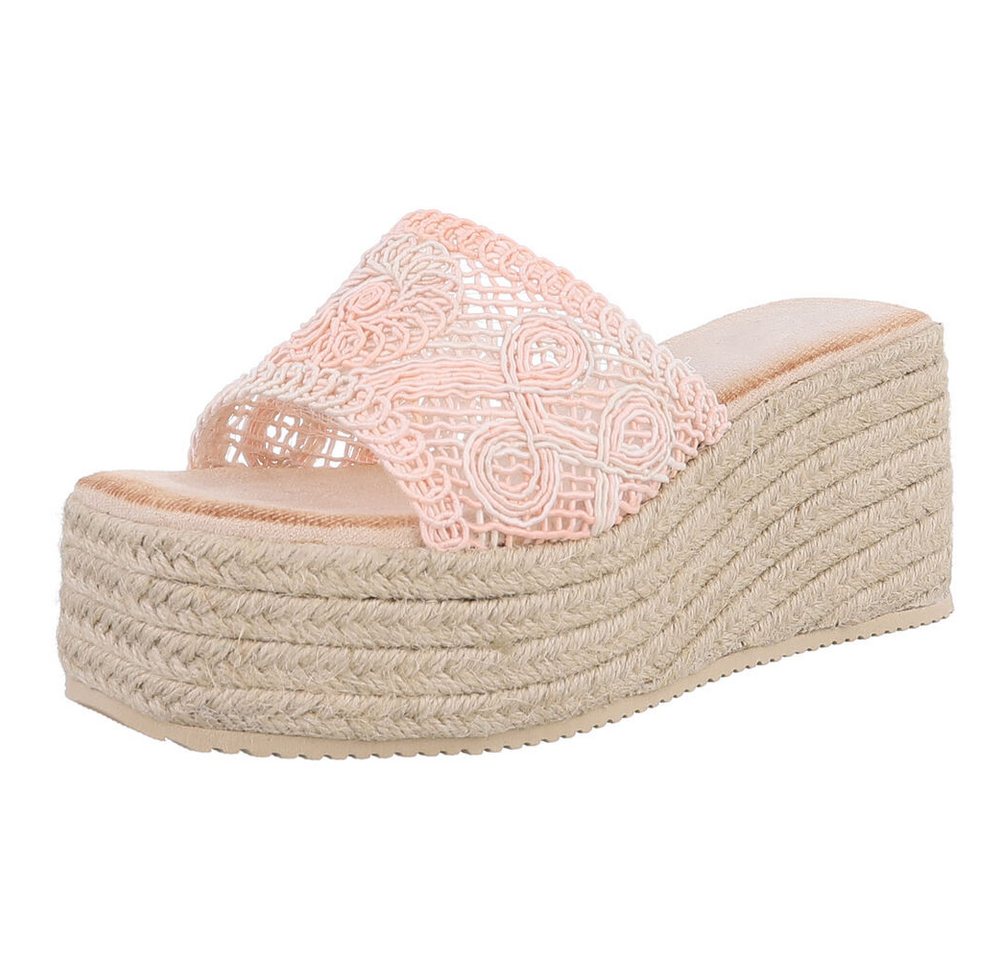 Ital-Design Wedge-Pantoletten mit Stickerei für Damen – Beige Plateausandaletten (89372597) Keilabsatz/Wedge Keilsandaletten in Hellrosa