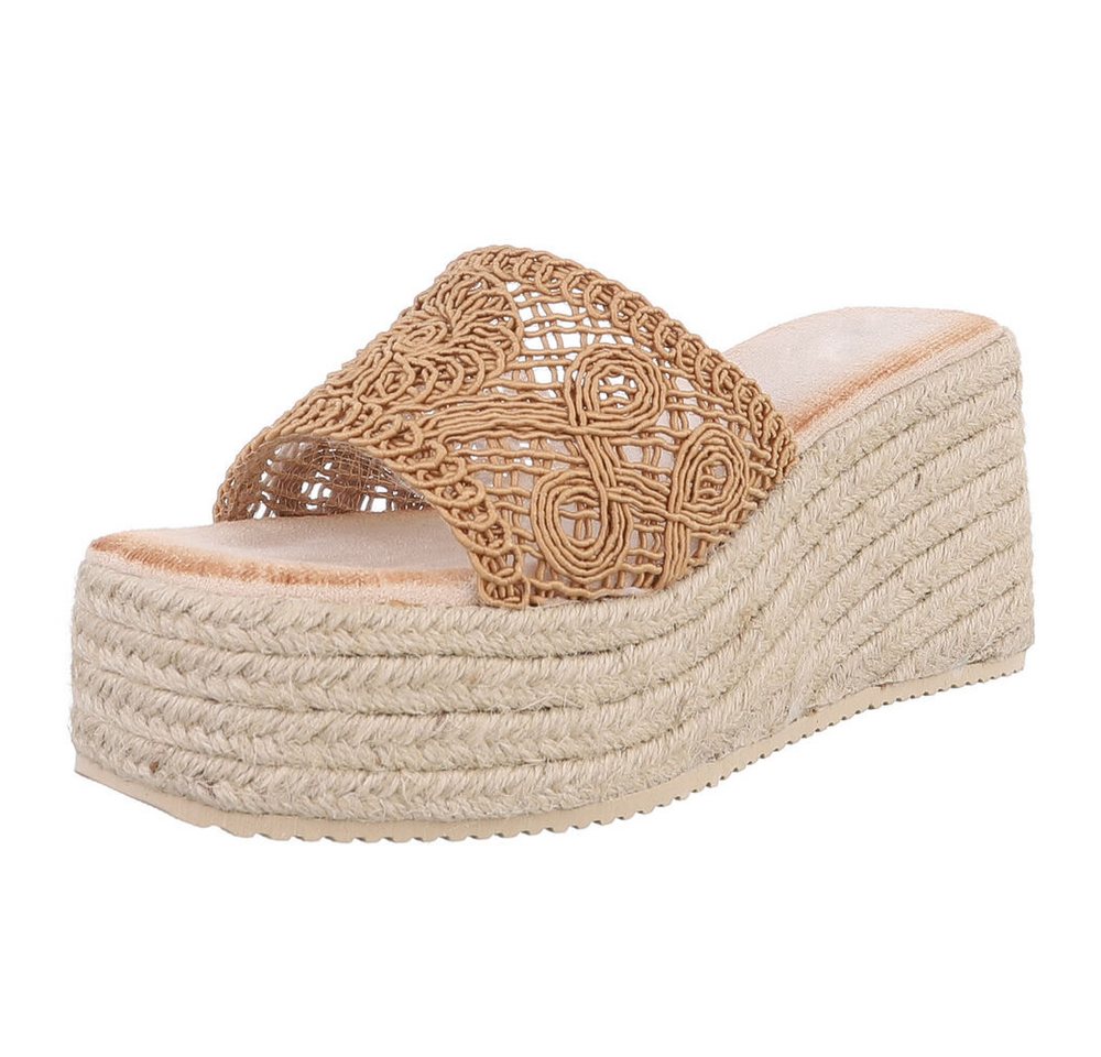 Ital-Design Wedge-Pantoletten mit Stickerei für Damen – Beige Plateausandaletten (89372601) Keilabsatz/Wedge Keilsandaletten in Hellbraun
