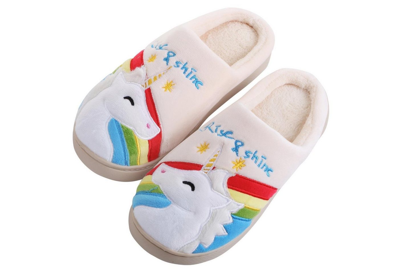 Katara Tier Pantoffeln Gr. 34-41 (Einhorn, Katze, Hase) Plüsch Hausschuhe Hausschuhe, weich, warm, süß, kuschelig, Plüsch Einhorn (Regenbogen)