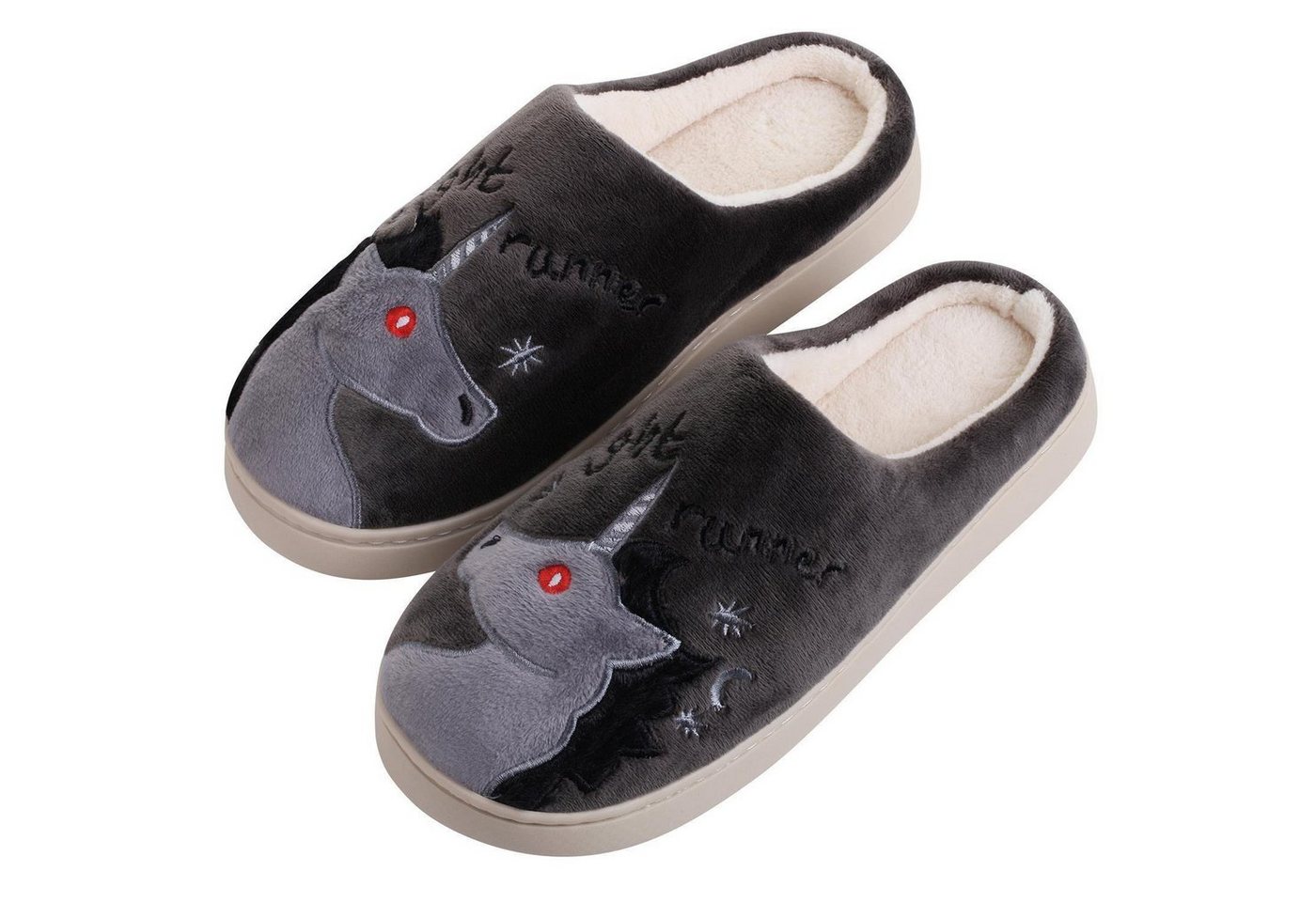 Katara Tier Pantoffeln Gr. 34-41 (Einhorn, Katze, Hase) Plüsch Hausschuhe Hausschuhe, weich, warm, süß, kuschelig, Plüsch Einhorn (Schwarz)