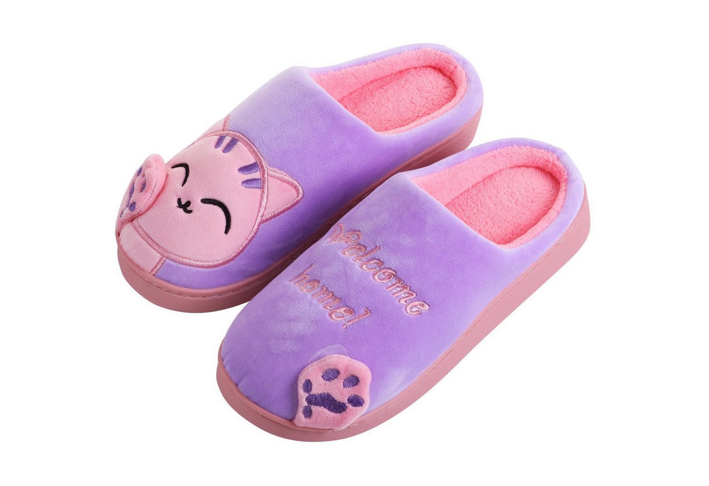 Katara Tier Pantoffeln Gr. 34-41 (Einhorn, Katze, Hase) Plüsch Hausschuhe Hausschuhe, weich, warm, süß, kuschelig, Plüsch Katze (Lila-Pink)