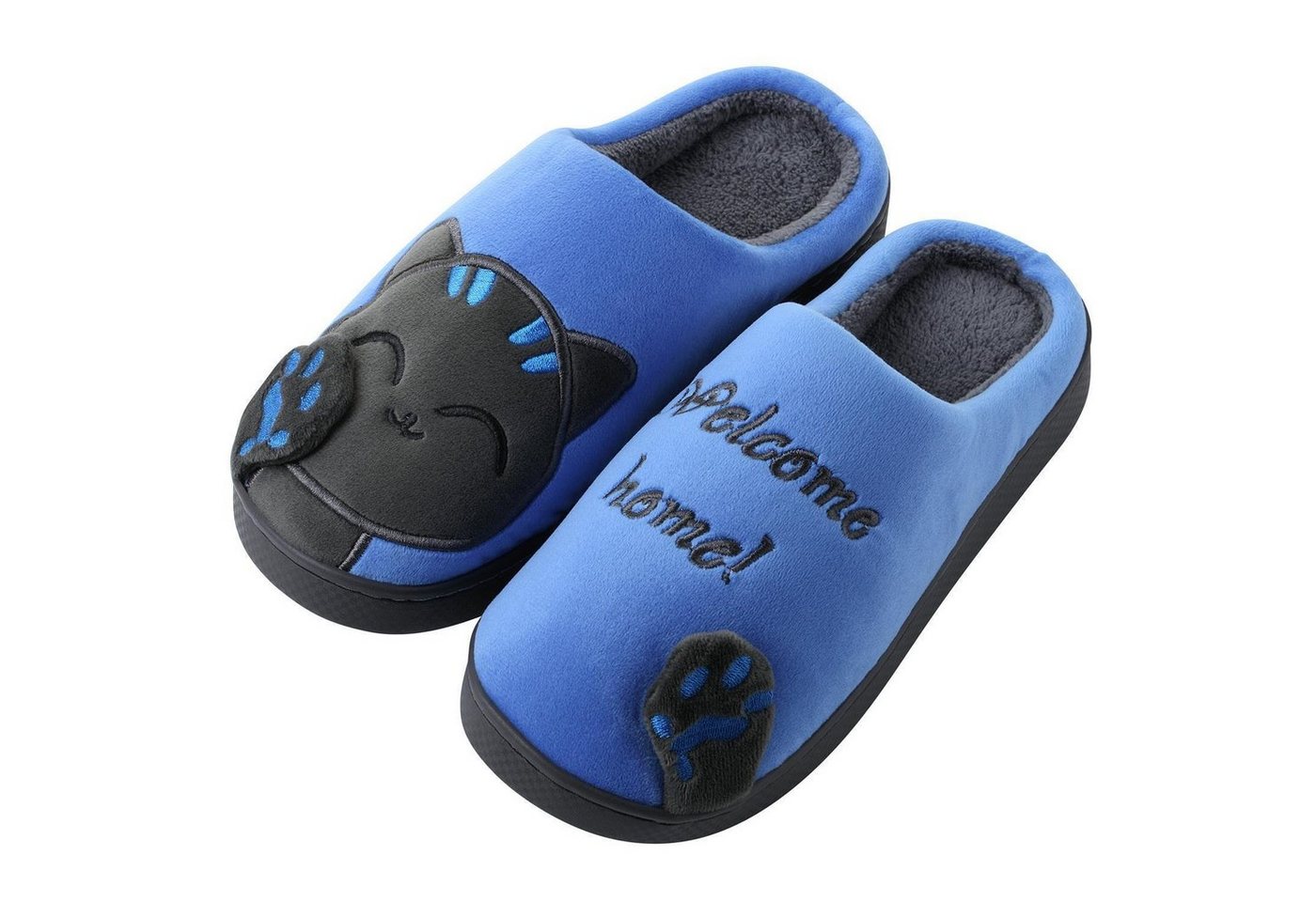 Katara Tier Pantoffeln Gr. 34-41 (Einhorn, Katze, Hase) Plüsch Hausschuhe Hausschuhe, weich, warm, süß, kuschelig, Plüsch Katze (Schwarz-Blau)