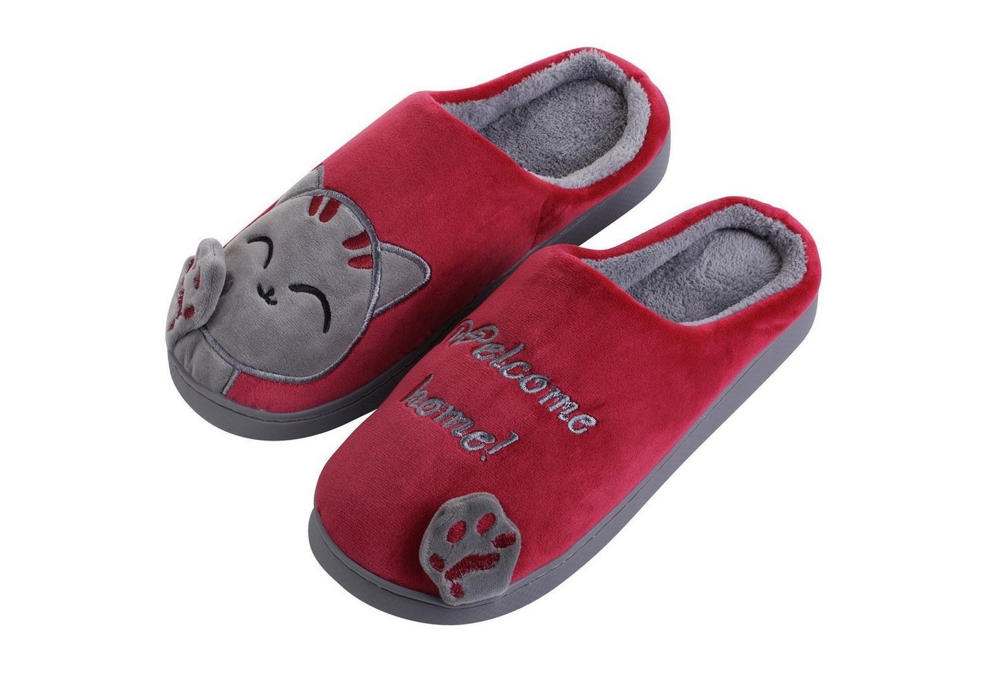 Katara Tier Pantoffeln Gr. 34-41 (Einhorn, Katze, Hase) Plüsch Hausschuhe Hausschuhe, weich, warm, süß, kuschelig, Plüsch Katze (Schwarz-Rot)
