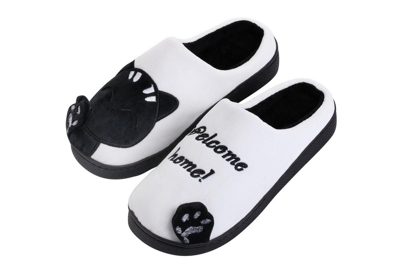 Katara Tier Pantoffeln Gr. 34-41 (Einhorn, Katze, Hase) Plüsch Hausschuhe Hausschuhe, weich, warm, süß, kuschelig, Plüsch Katze (Schwarz-Weiß)