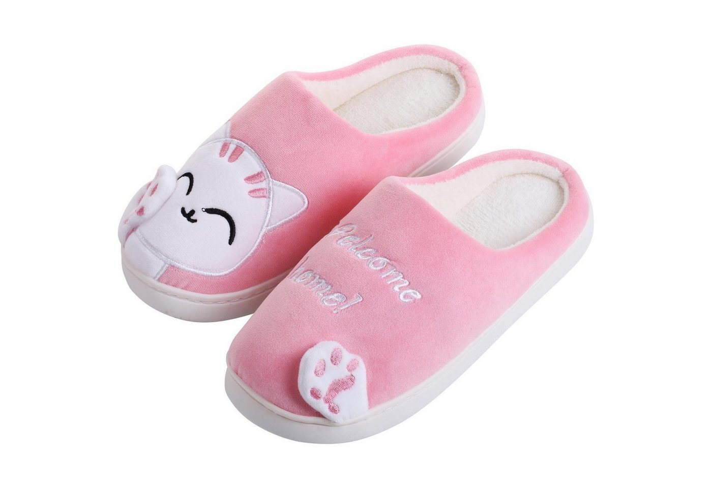 Katara Tier Pantoffeln Gr. 34-41 (Einhorn, Katze, Hase) Plüsch Hausschuhe Hausschuhe, weich, warm, süß, kuschelig, Plüsch Katze (Weiß-Pink)
