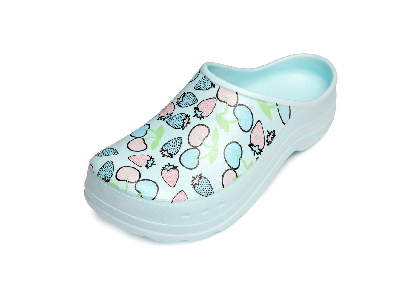 Ladeheid Gartenclogs für Damen Ultraleicht EVA Gemustert Gartenschuhe LA-CA-27 Clog (37 EU, Aquablau/Fruchtmotiv2) Wasserdicht & Flexibel