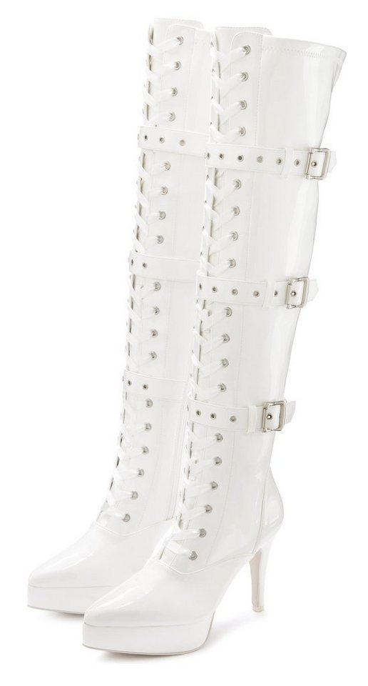 LASCANA Belle Affaire High-Heel-Stiefelette mit Plateau Overkneestiefel erotische Lack-Optik, mit Zierschnallen