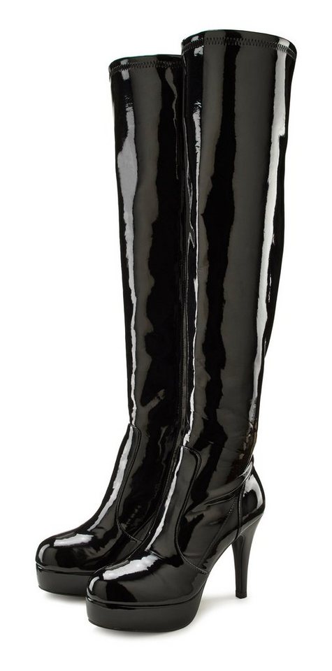 LASCANA Belle Affaire High-Heel-Stiefelette mit Plateau, Overkneestiefel in erotischer Lack-Optik (schwarz)