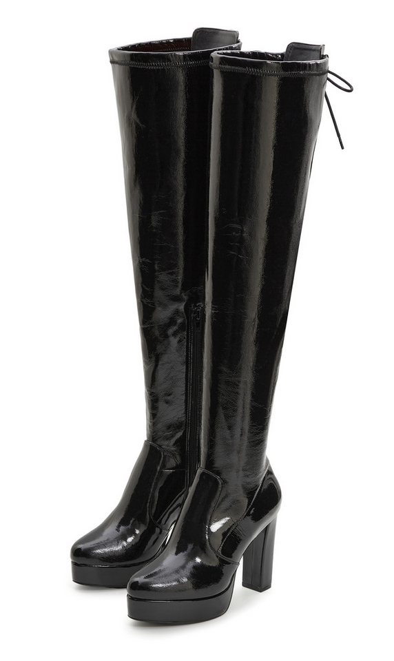 LASCANA Belle Affaire High-Heel-Stiefelette mit Plateau, Overkneestiefel in erotischer Lack-Optik (schwarz)
