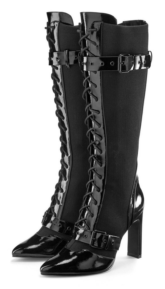 LASCANA Belle Affaire Schnürstiefel mit elastischem Schaft High-Heel-Stiefel Erotische Lack-Optik, High-Heel-Stiefelette