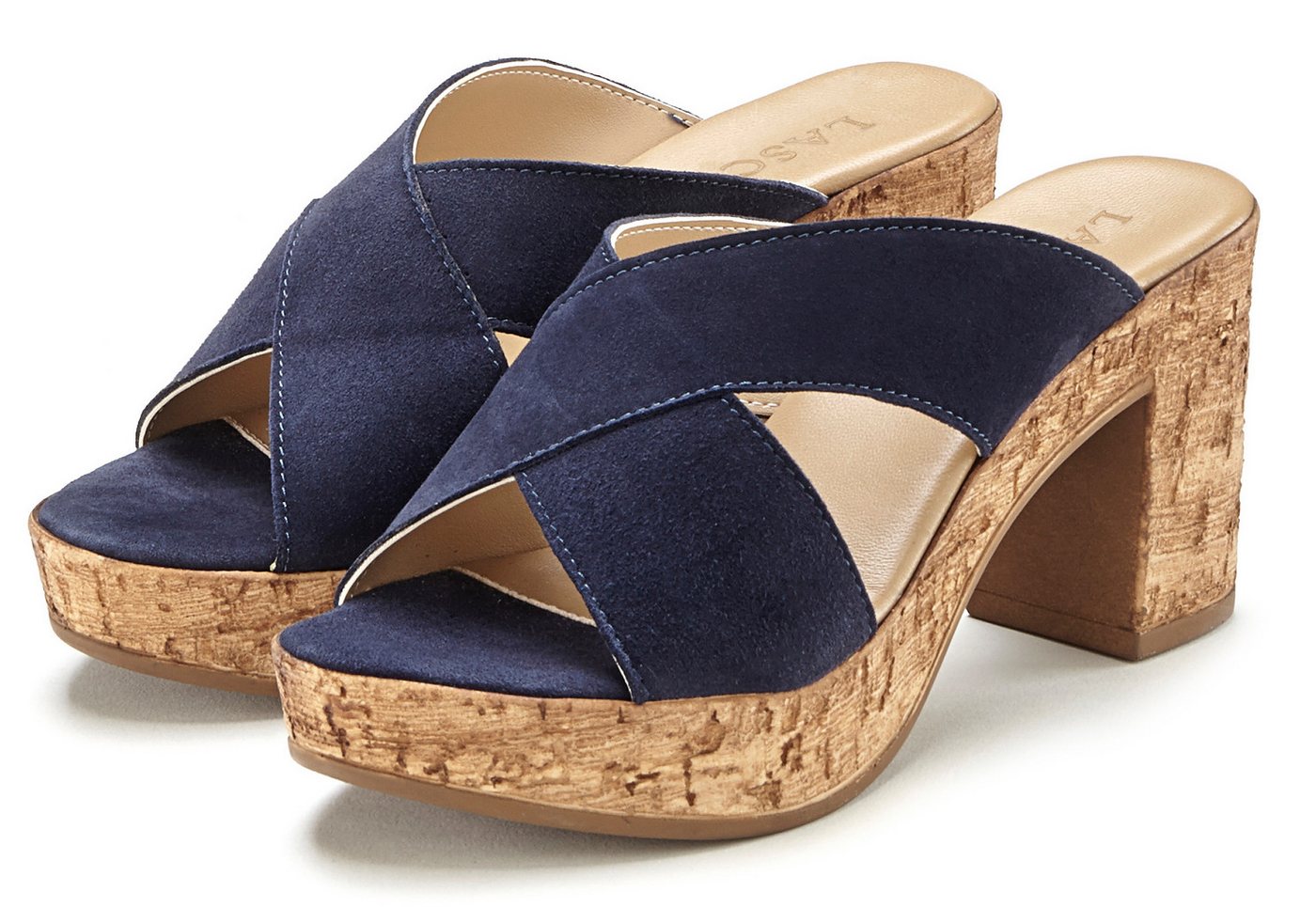 Lascana Sommerschuh, offener Schuh, Sandalette, Mule, Pantolette aus Leder mit Blockabsatz in Kork-Optik