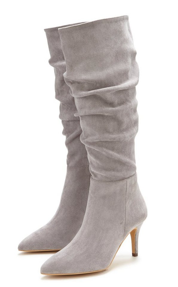 Lascana Reißverschlussstiefel mit modischer Raffung, Langschaft, High-Heel Stiefelette,Slouchy Boots (grau)